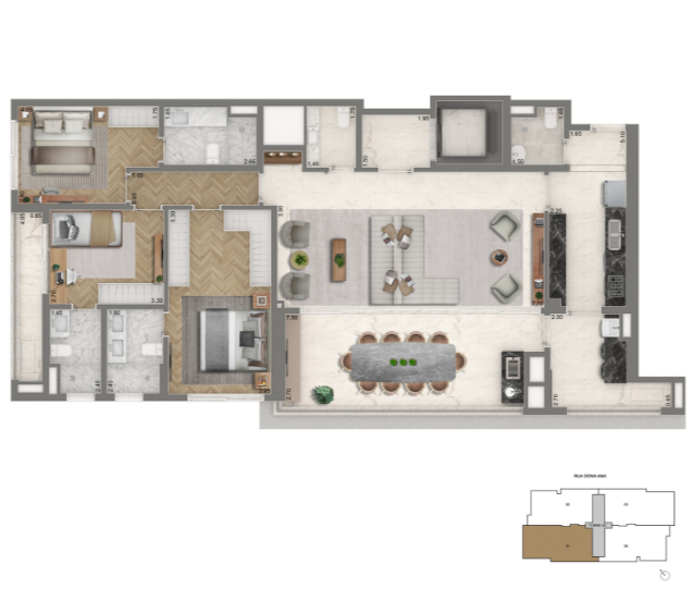 planta Padrão 3 suítes + Sala Ampliada- 155m²