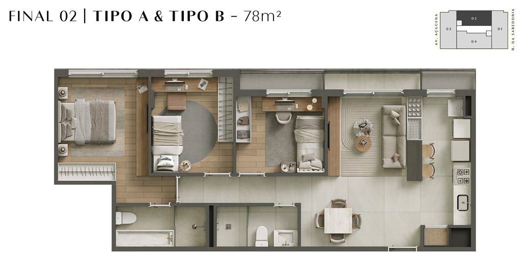 Planta final 02 I Tipo A I Tipo B - 78 m²