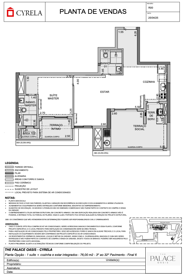 Planta padrao 76 m² 1 suite 1 dorm 3º ao 32º pav. Final 6