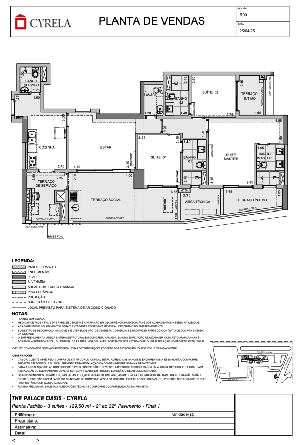 Planta padrao 129,50 m² 3 suites 2º ao 32º pav. final 1