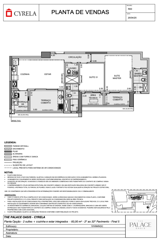 Planta 83 m² opcao 2 suites + sala integrada 2º ao 32º pav. final 5