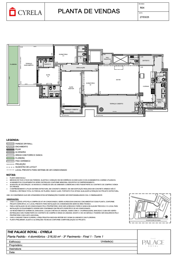 Planta padrao 4 droms. 216,50 m² 3º pav. final 1 Torre 1