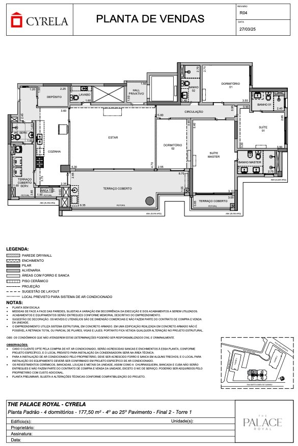 Planta padrao 4 dorms 177,5 m²  4º ao 25º pav. Final 2 Torre 1