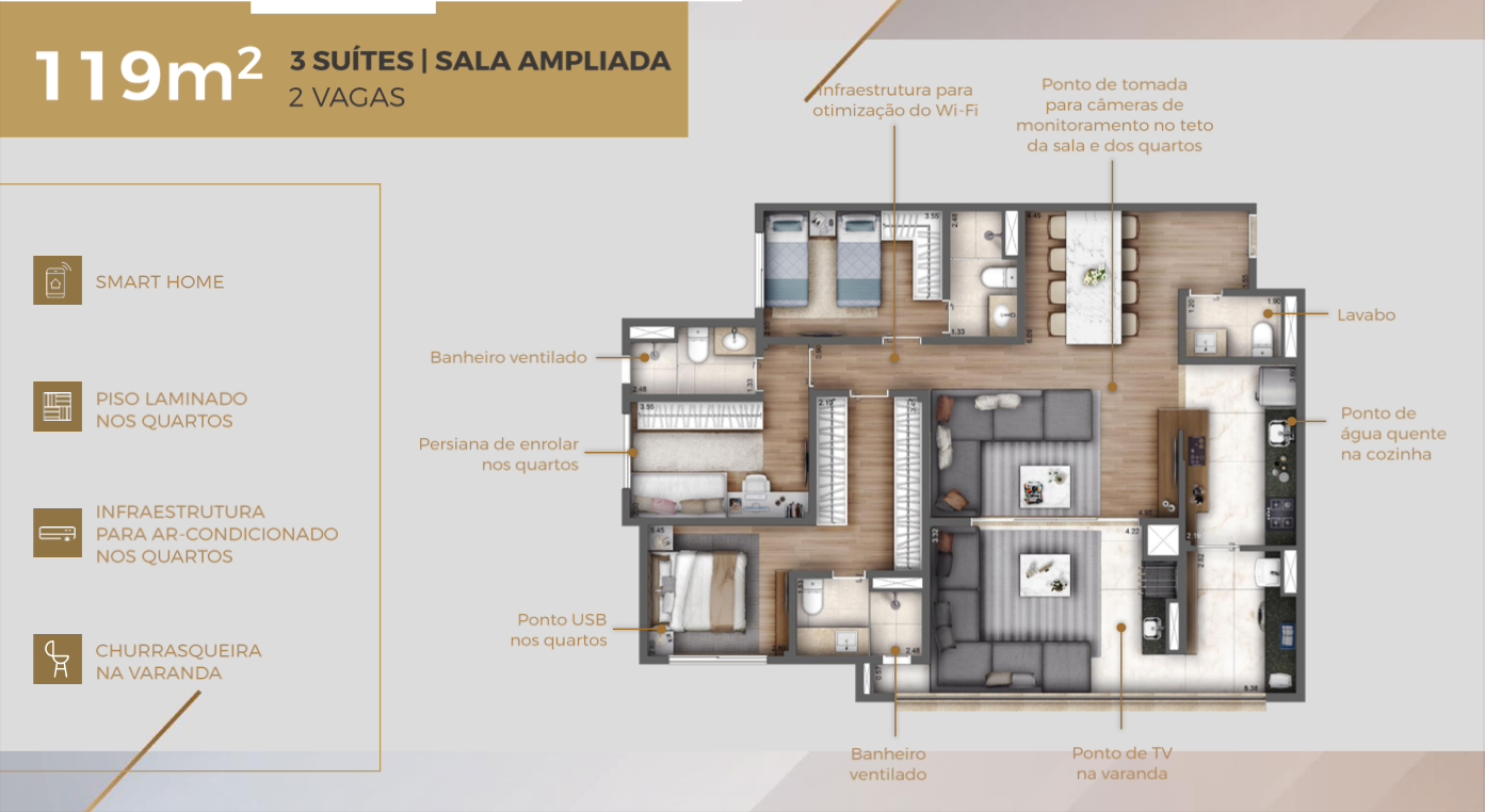 119 m² 3 suites sala ampliada 2 vagas