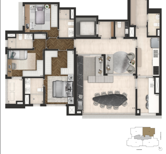 PLANTA PADRÃO 3 DORMITORIOS - 145m²