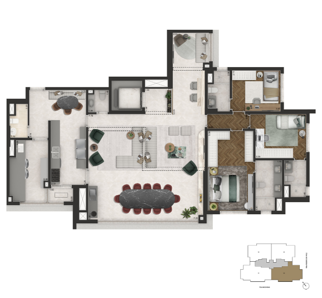 PLANTA PADRÃO 3 SUITES - 178m² Opeção