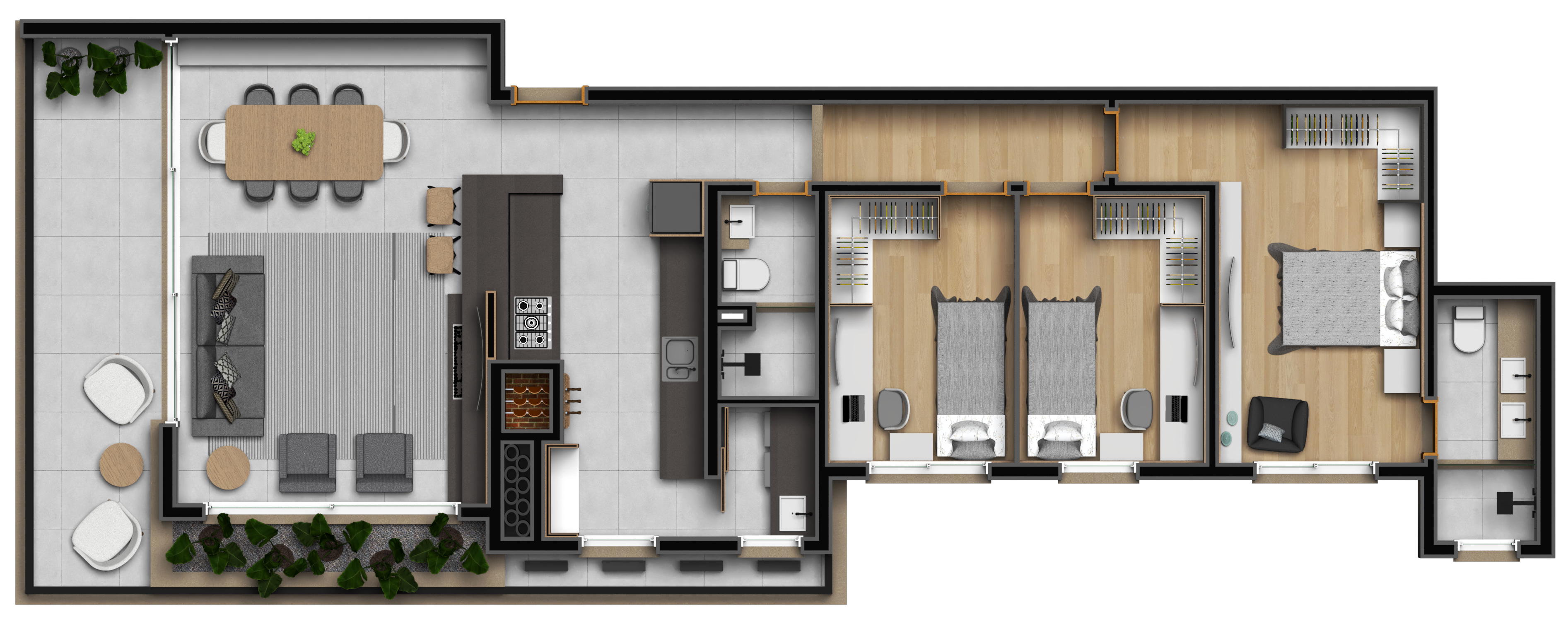 PLANTA 202 D 3 DORMITÓRIOS COM UMA SUÍTE 125m²