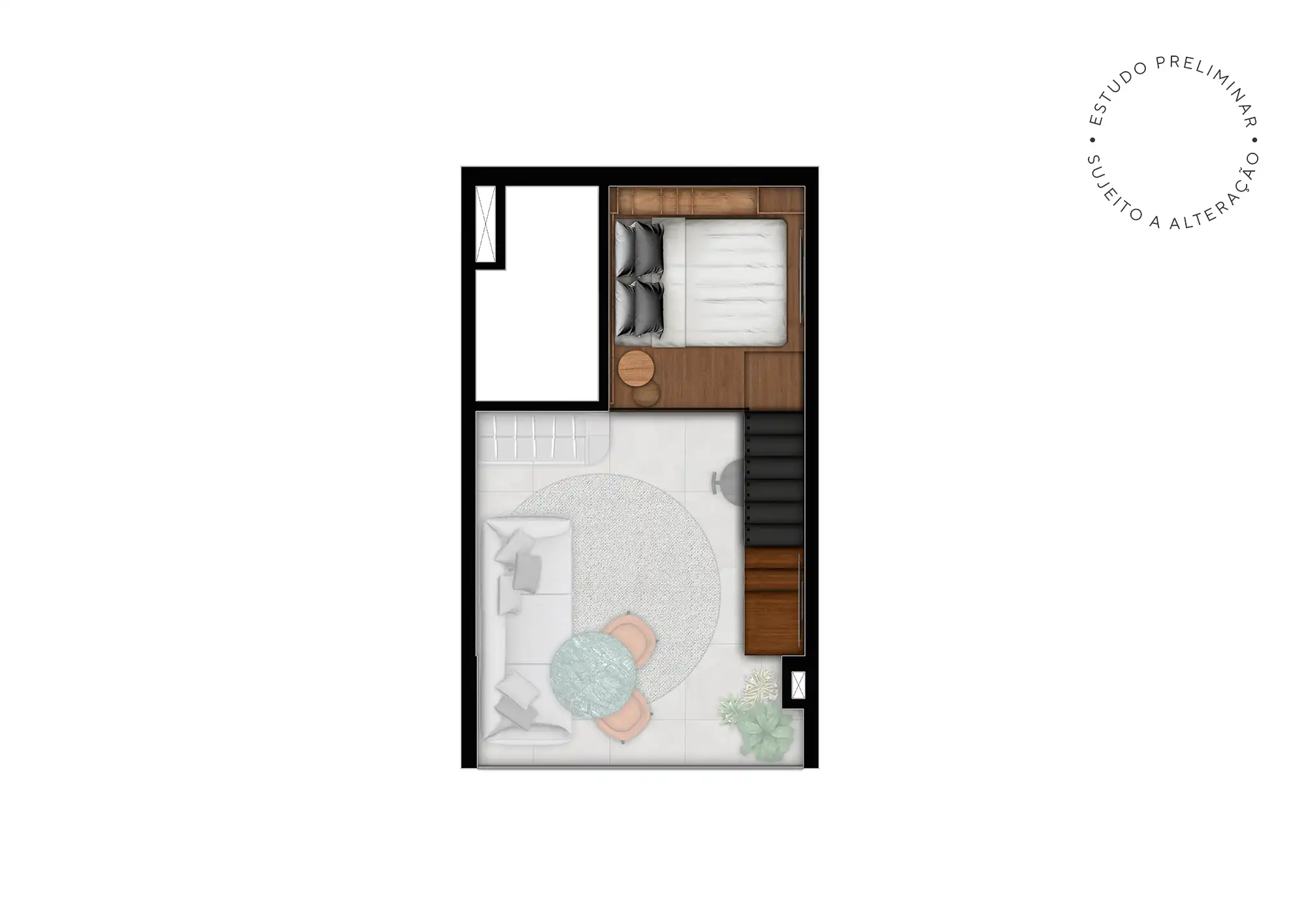 Planta Studio + pé direito de 3,70m - Decorado (Mezanino)
