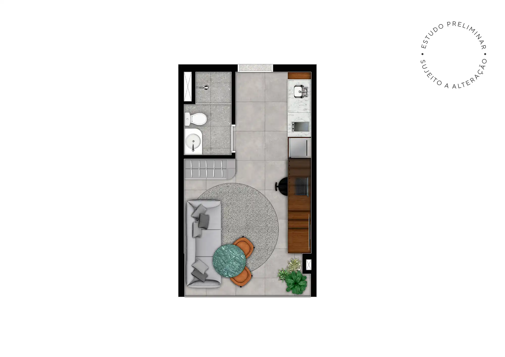 Planta Studio + pé direito de 3,70m - Decorado