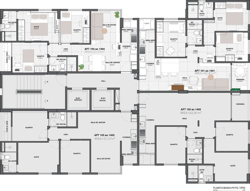 3 quartos (2 suítes). 58m². 1 vaga de garagem. Andar alto Rua Marechal Juarez Távora Recife - 