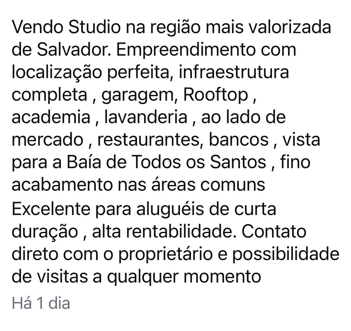 STUDIO ALTO PADR&Atilde;O PISCINA ESPA&Ccedil;O GOURMET ACADEMIA &Agrave; VENDA NO CORREDOR DA VIT&Oacute;RIA! Avenida Sete de Setembro Salvador - 