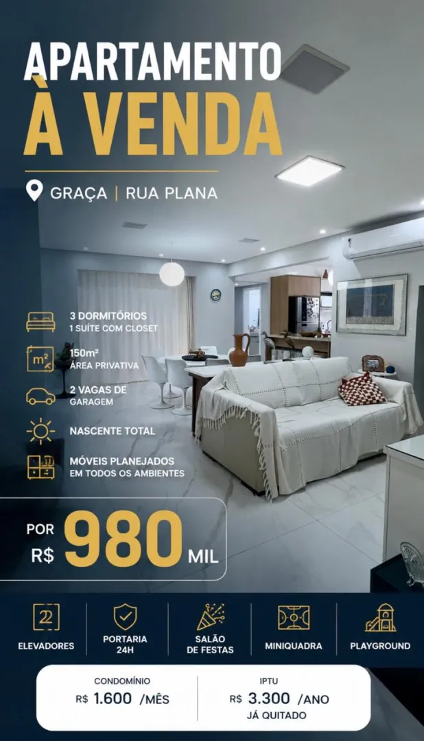 APARTAMENTO 3 QUARTOS SU&Iacute;TE GABINETE REFORMADO NASCENTE 2 GARAGENS &Agrave; VENDA NA GRA&Ccedil;A! Rua da Paz Salvador - 