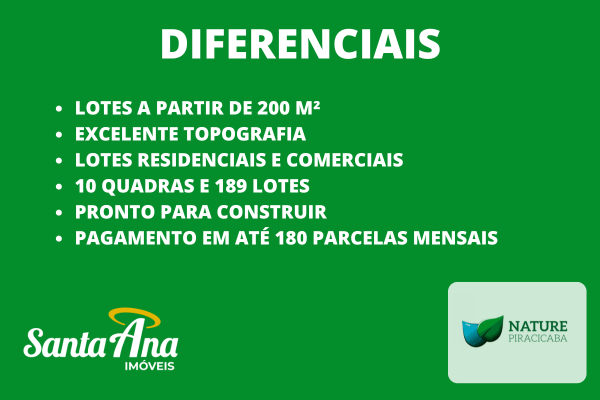 Terreno residencial à venda | 200 m² | R$ 120.000 | Loteamento Nature | Piracicaba/SP Rua Conchas Piracicaba - Diferenciais