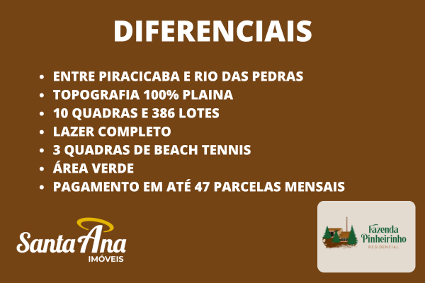 Terreno à venda em Condomínio | 372m² | R$ 192.211 | Faz. Pinheirinho | R. das Pedras/SP - Rio das Pedras - Diferenciais