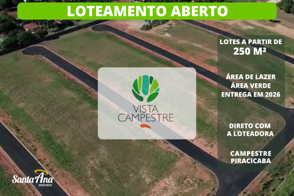 Terreno à venda | 250m² | R$ 168.700,00 | Campestre | Piracicaba/SP - Piracicaba - Vista Campestre