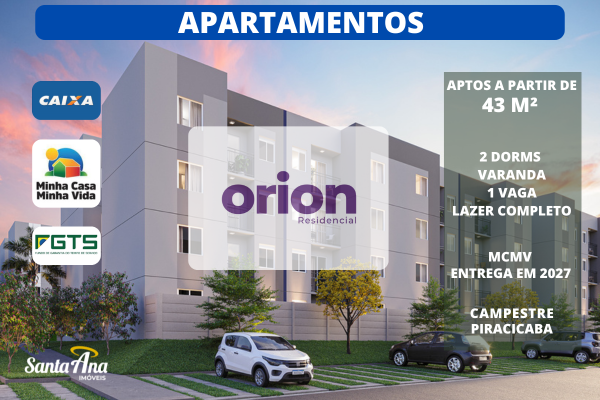 Apartamento à venda | 2 dormitórios | 43 m² | R$ 209.900 | Campestre | Piracicaba/SP Estrada Francisco Fillet Piracicaba - Orion Residencial